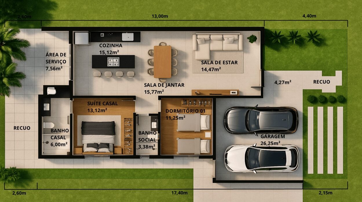 Planta de casa térrea grande com dois dormitórios