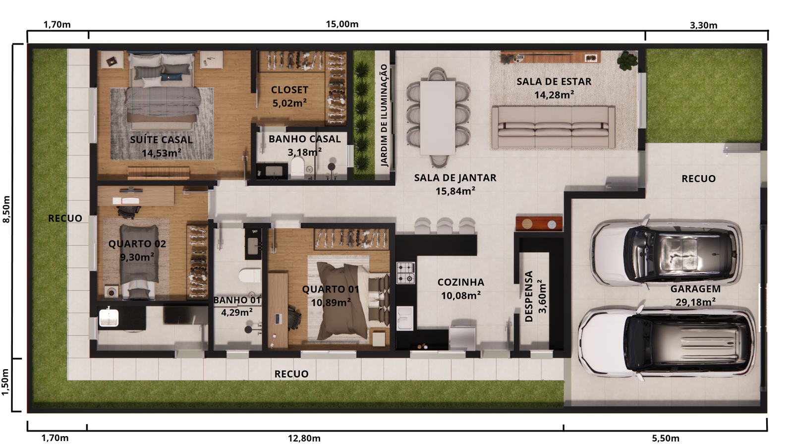 Planta de casa térrea grande com suíte com closet (Invertido)