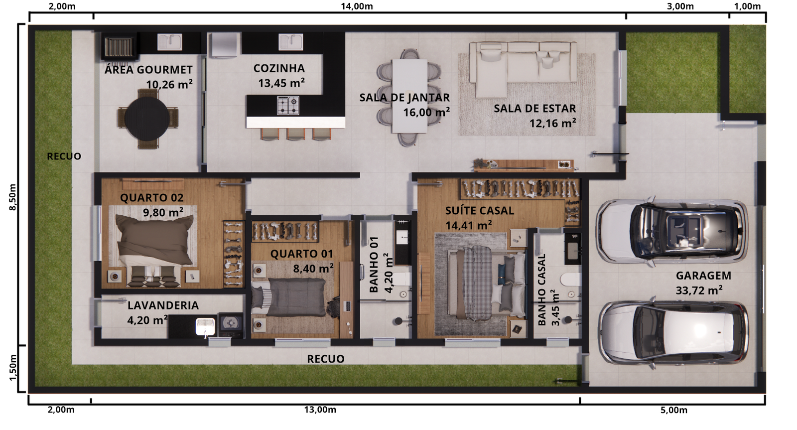 Planta de casa térrea grande com suíte e área gourmet