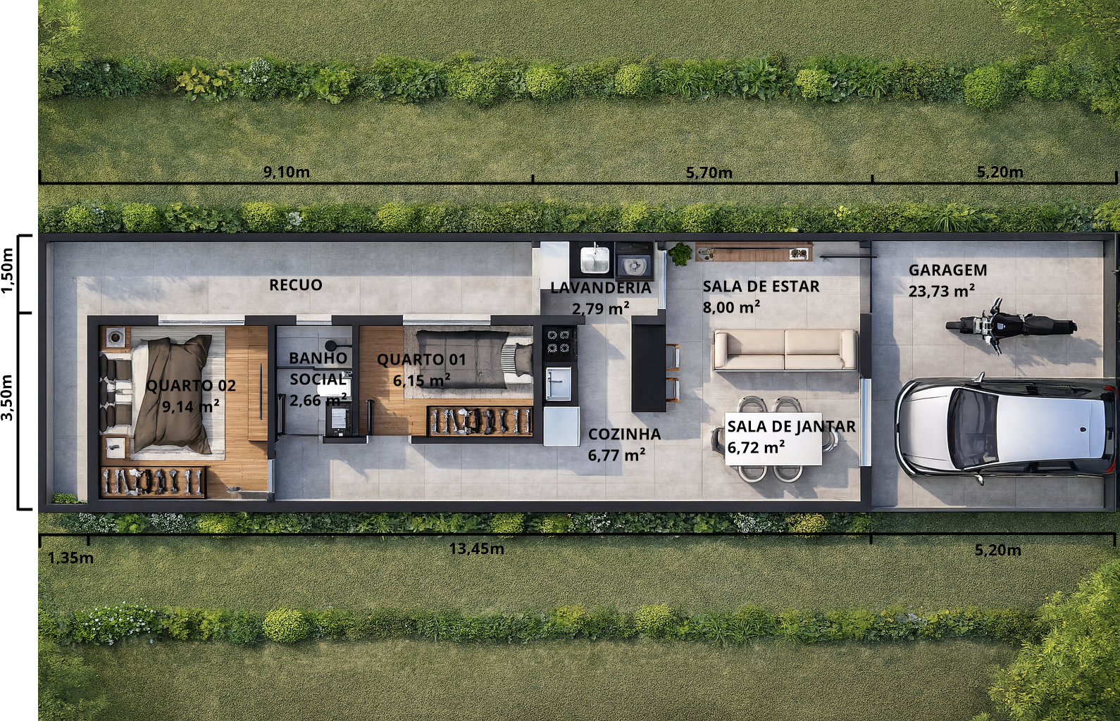 Planta de casa térrea com dois quartos