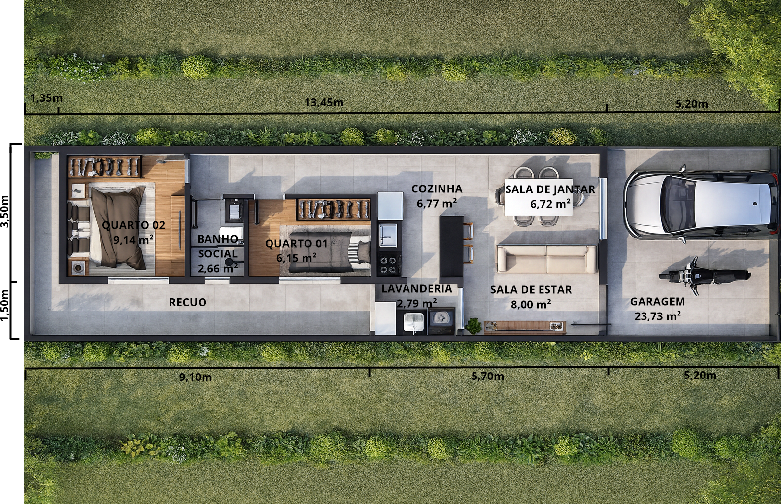 Planta de casa térrea com dois quartos (invertido)