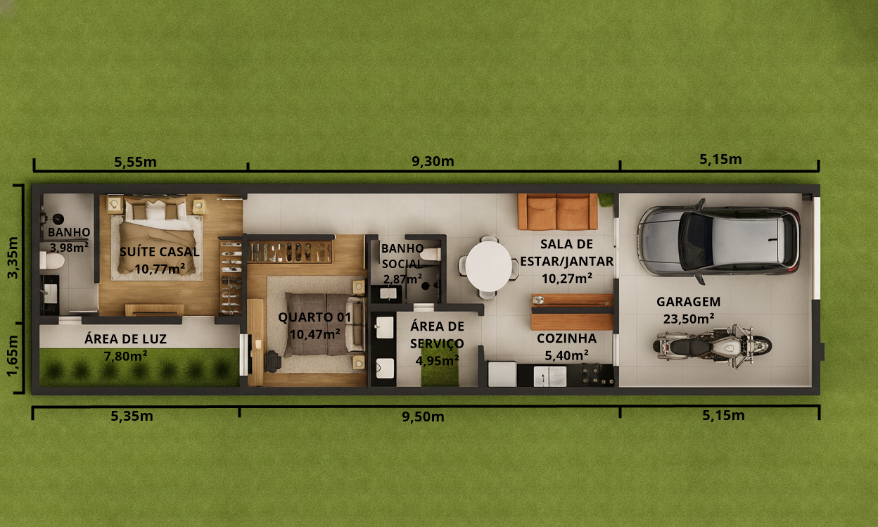 Planta de casa térrea com uma suíte