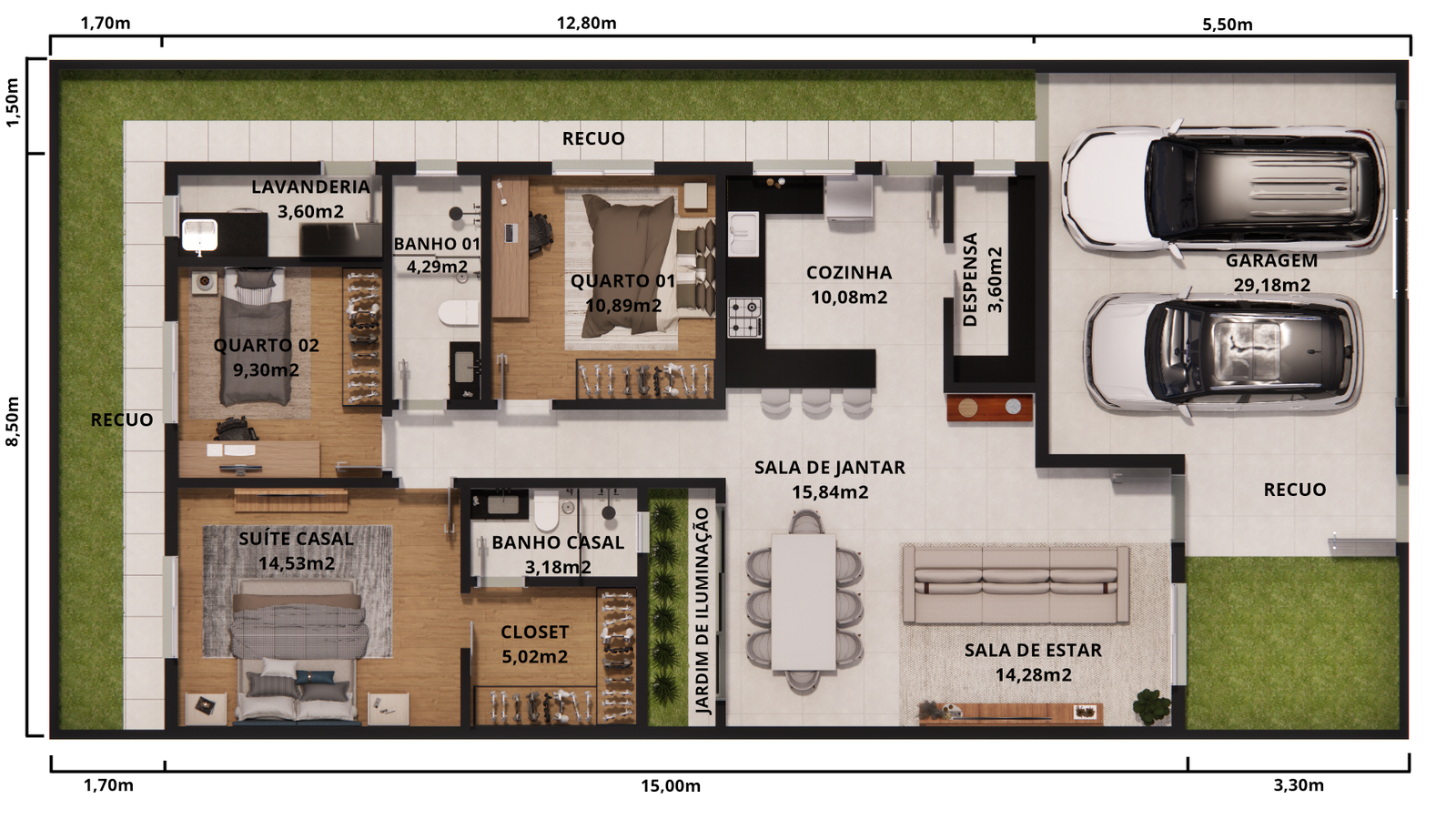 Planta de casa térrea grande com suíte com closet