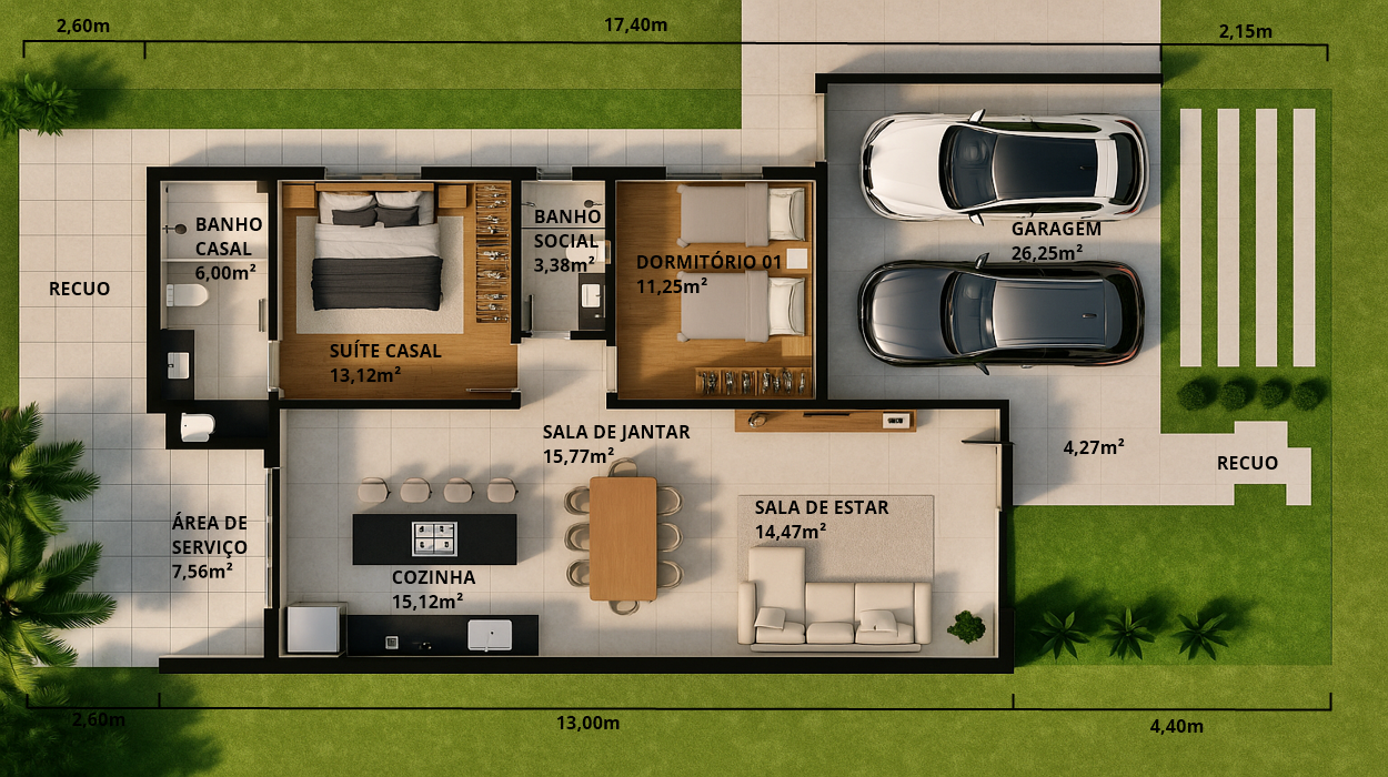 Planta de casa térrea grande com dois dormitórios (Invertido)
